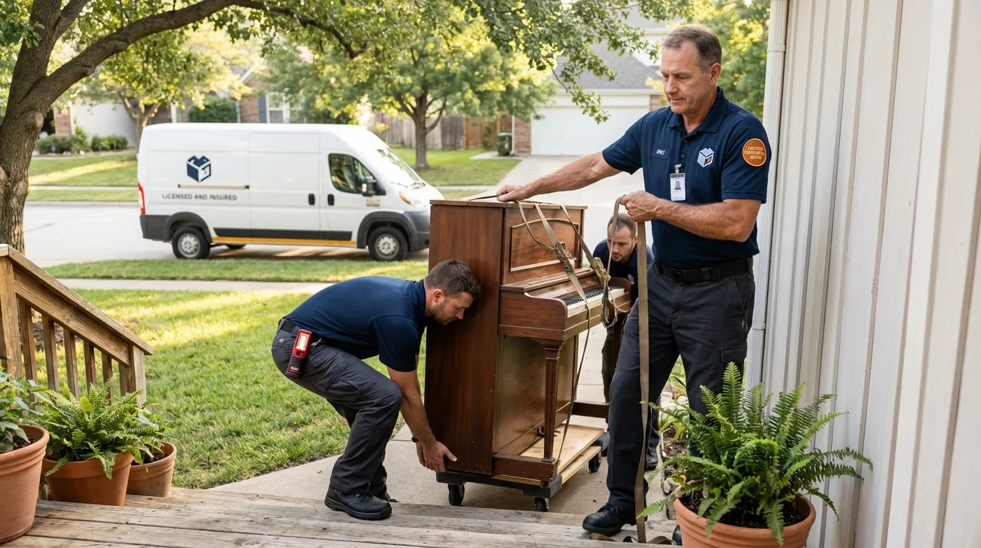 Licensed piano movers securing grand piano in Lunenburg, MA