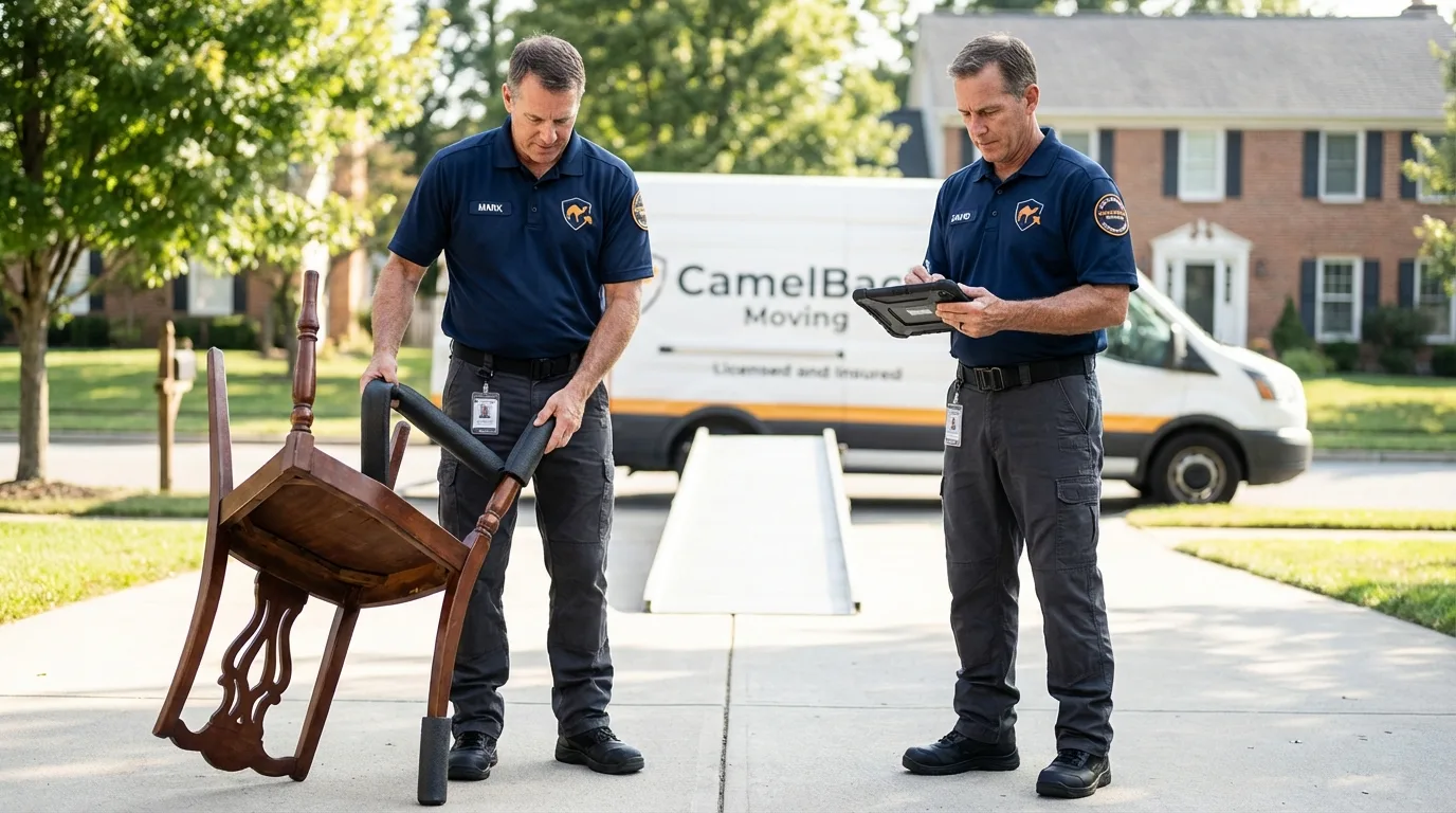 Movers inspecting furniture for damage prevention before loading in Lunenburg, MA