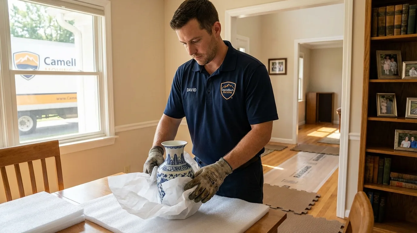 Professional crew carefully wrapping antique vase for senior downsizing move in Lunenburg, MA