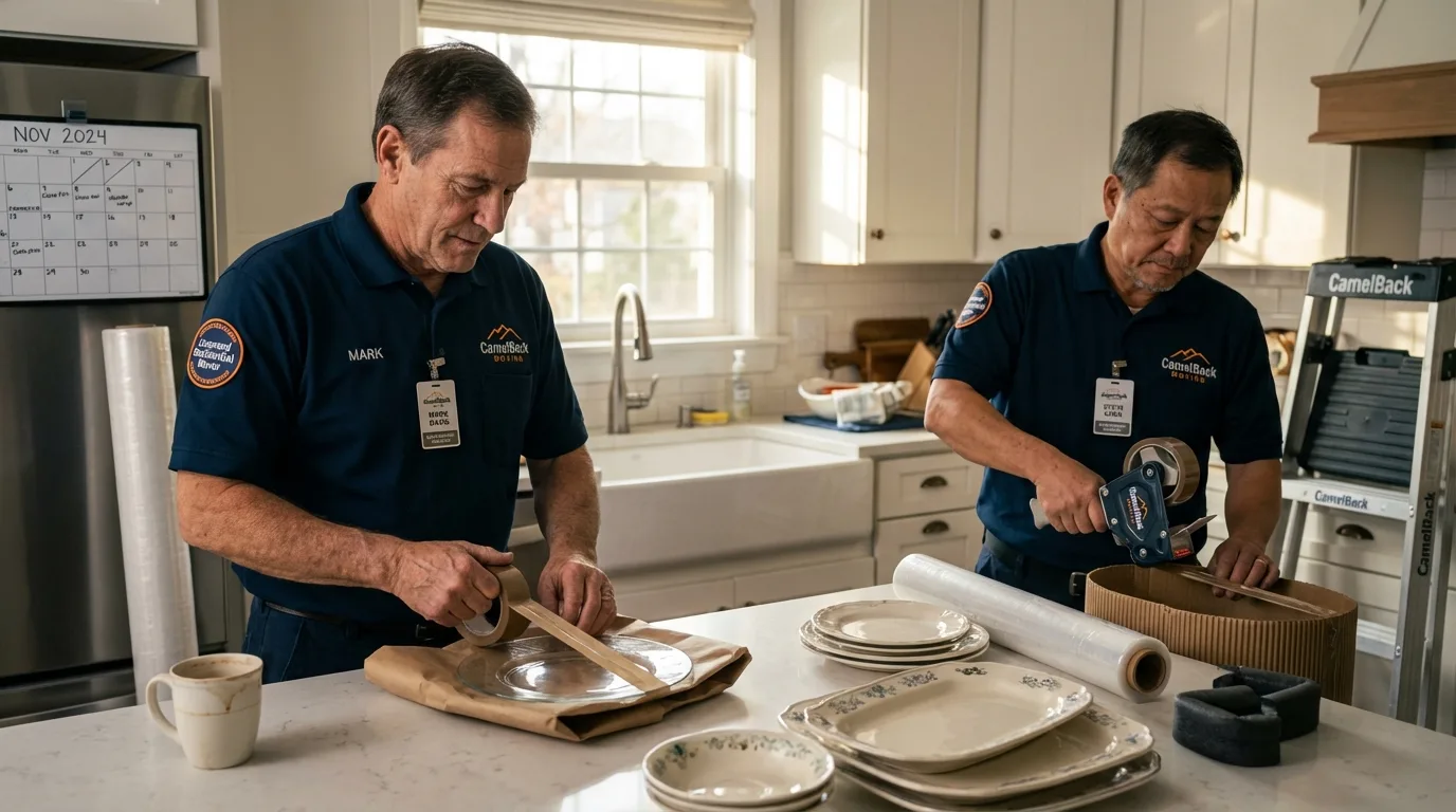 Professional crew packing kitchen dishware in Lunenburg, MA